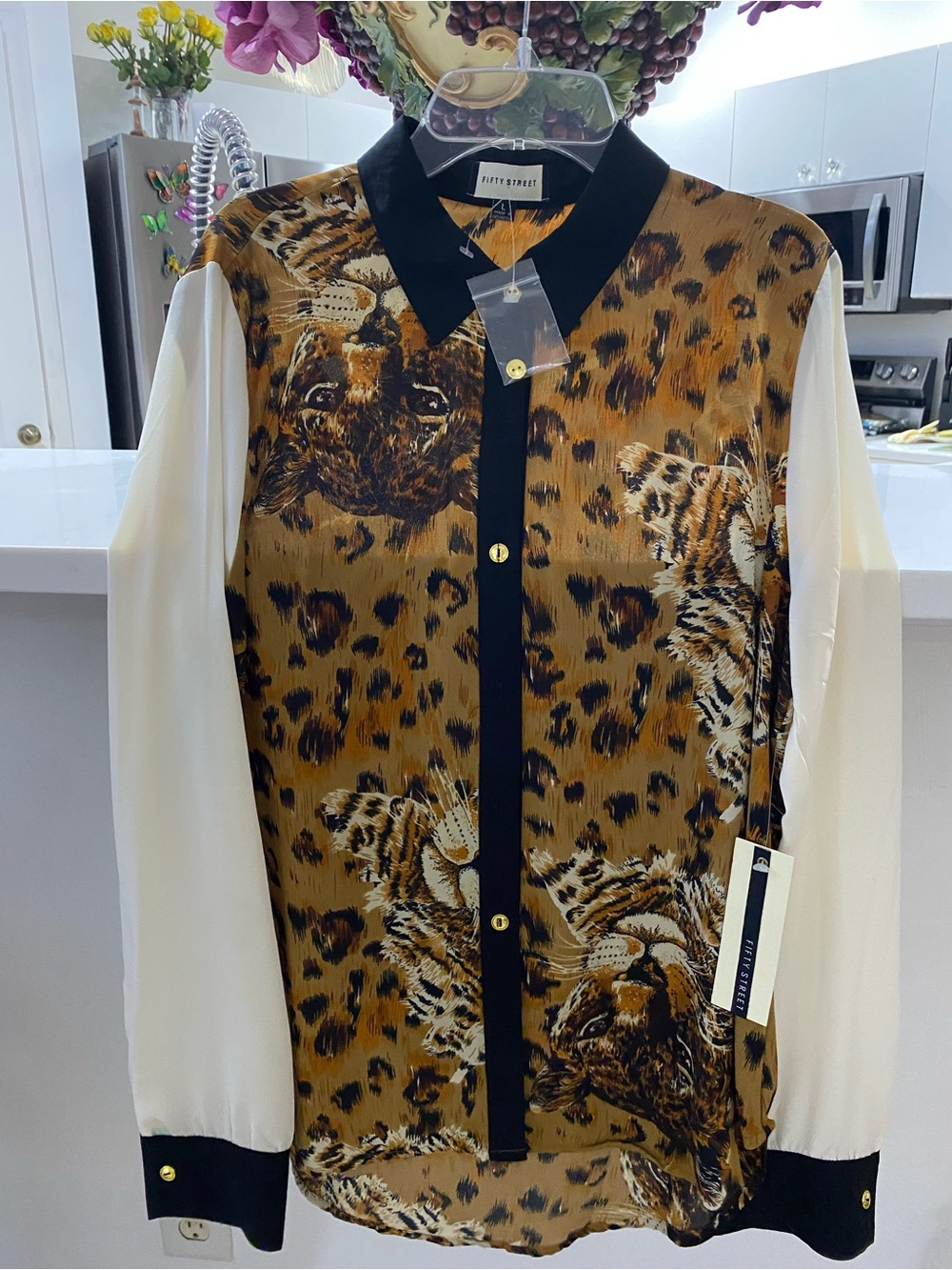 Fifth Avenue Leopard-Print Button-Down Shirt Jacket in Brown & Cream